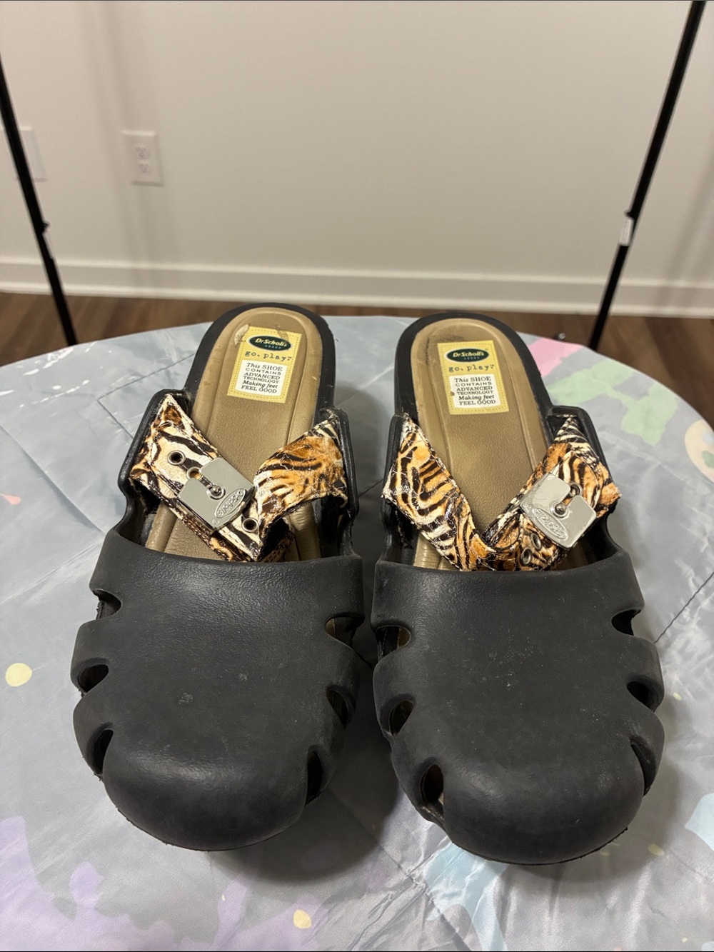 Klogs Black Clog Sandals with Tiger-Print Straps